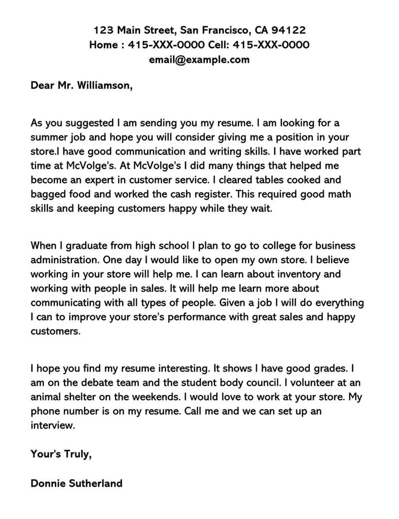 Cover letter for resume examples for students