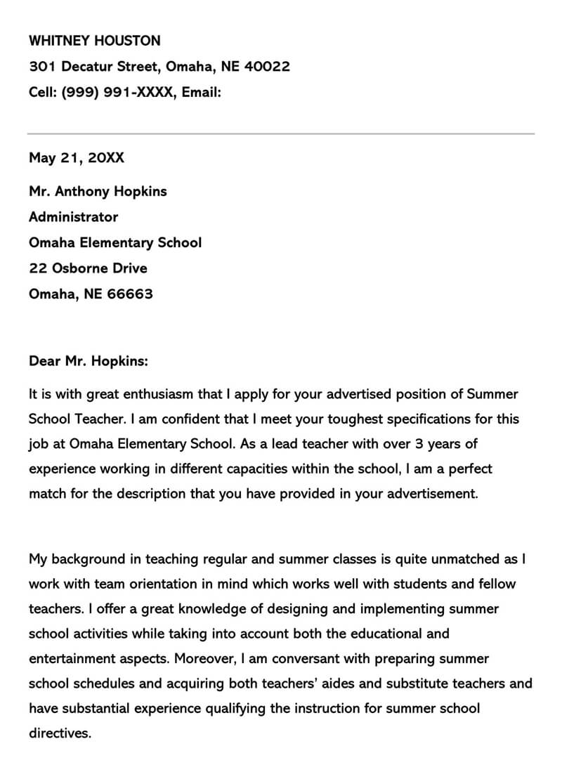 Summer Teaching Job Cover Letter