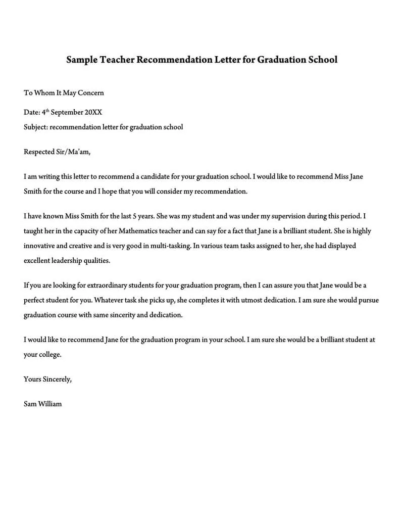 recommendation letter for student from teacher