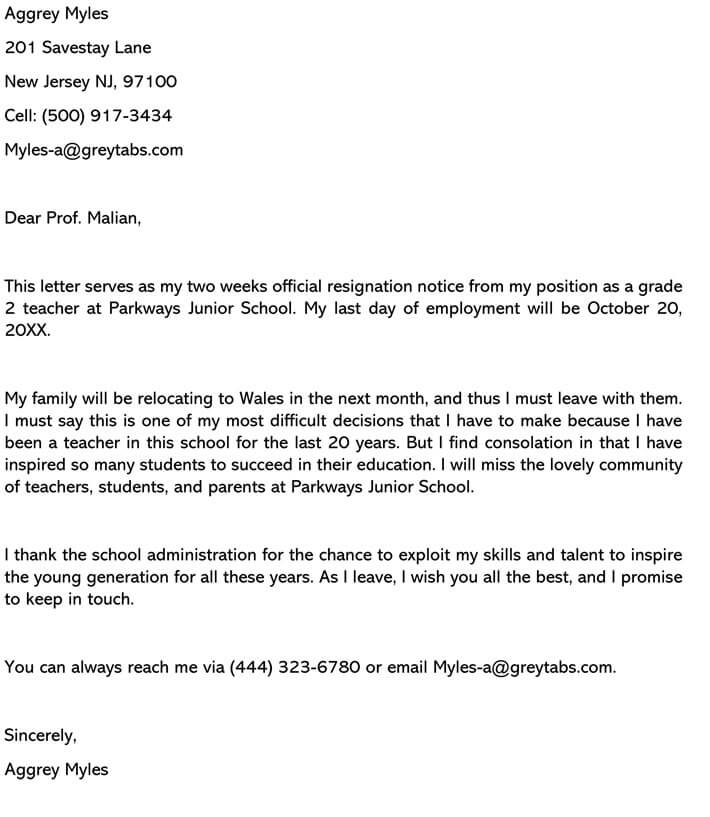 Resignation Letter For Teacher