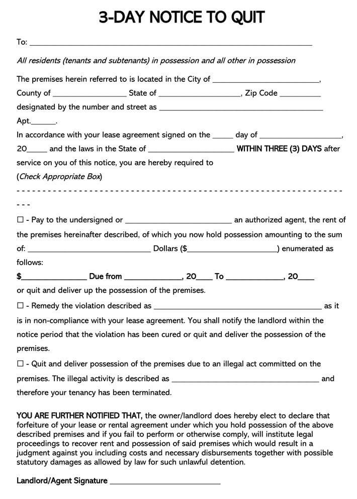 Free Three 3 Day Eviction Notice Form Pay Or Quit Word PDF