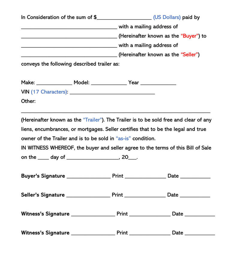 Free Trailer Bill of sale Form Template