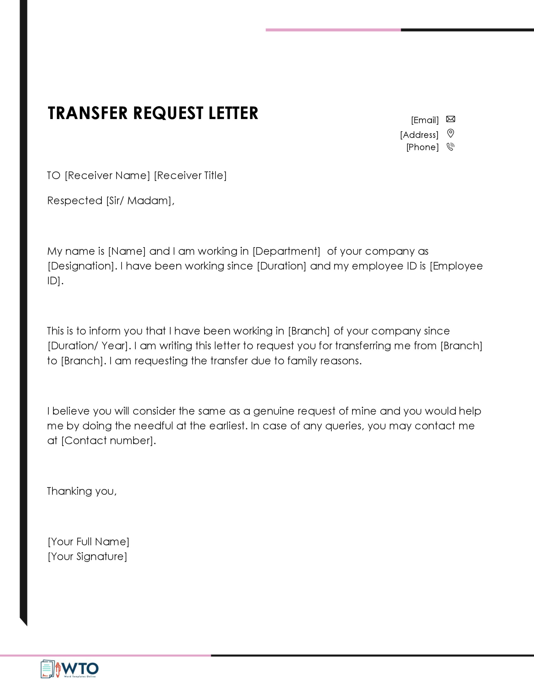 Free Downloadable Transfer Request Letter Sample 02 as Word File