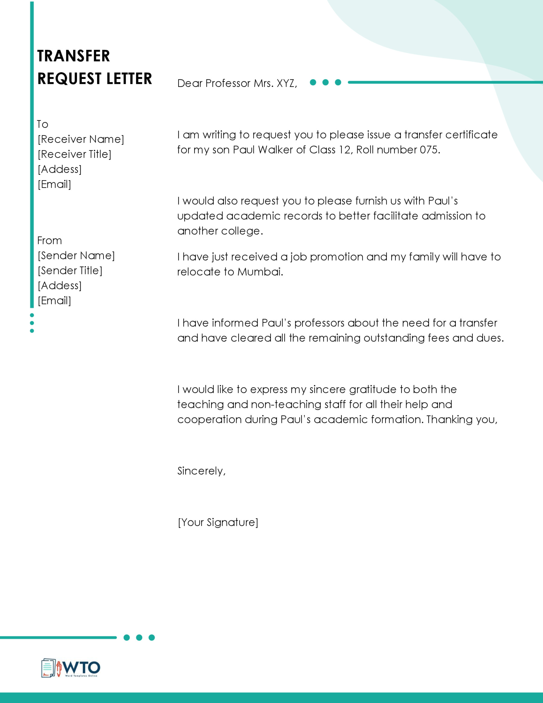 Great Printable Transfer Request Letter Sample 05 in Word Format