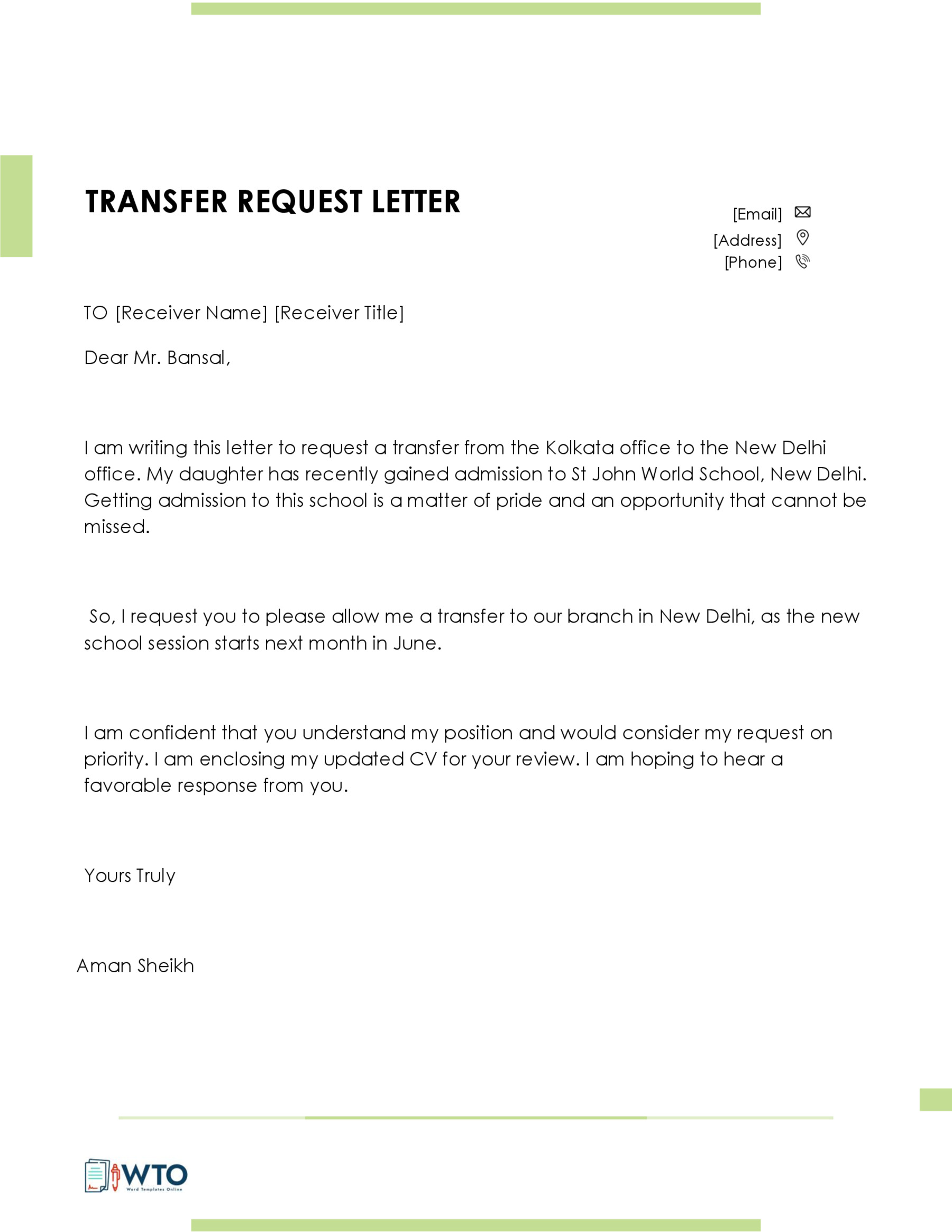 Great Printable Transfer Request Letter Sample 06 in Word Format