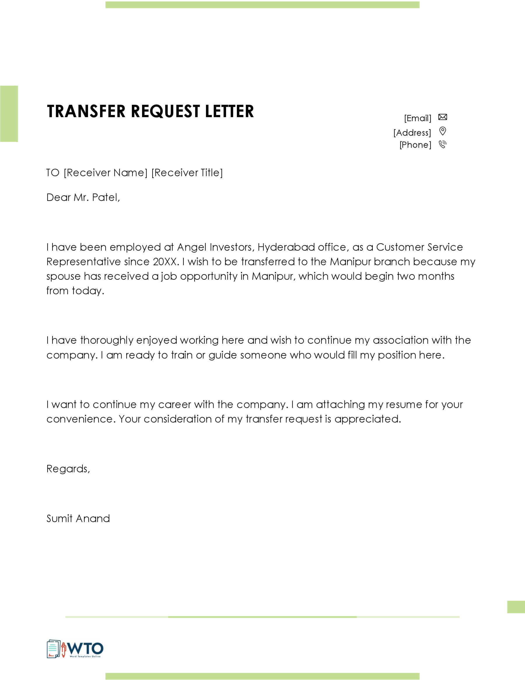 Great Printable Transfer Request Letter Sample 07 in Word Format