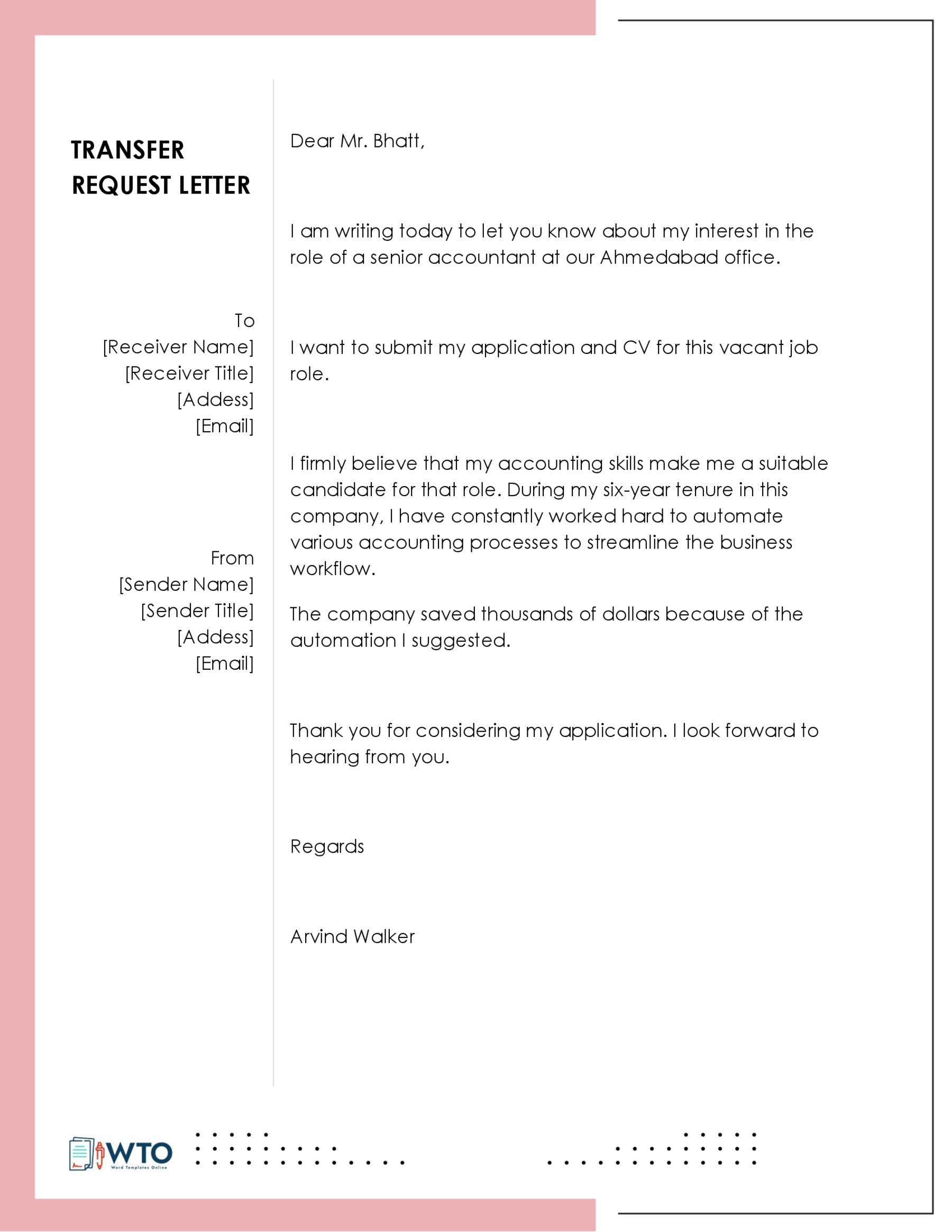 Free Editable Transfer Request Letter Sample 09 in Word Format