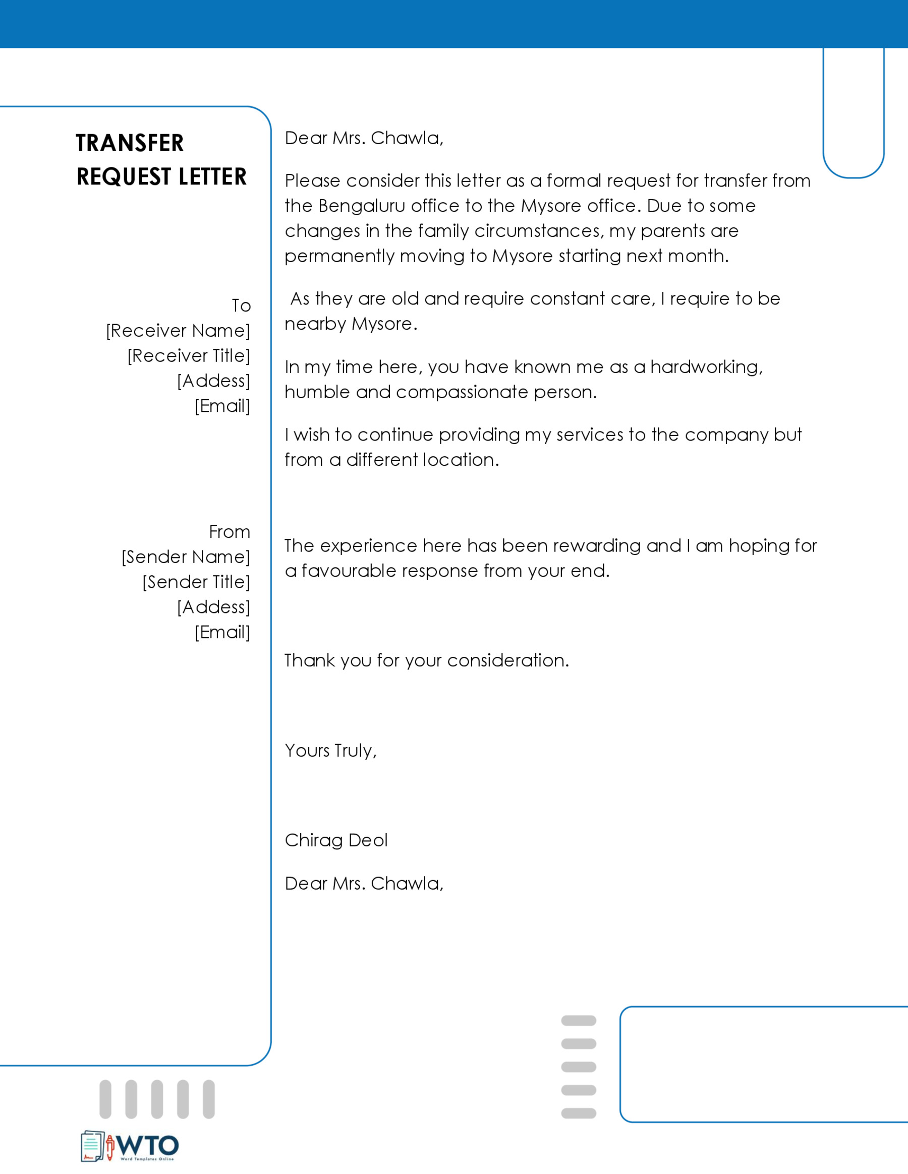 Free Editable Transfer Request Letter Sample 11 in Word Format
