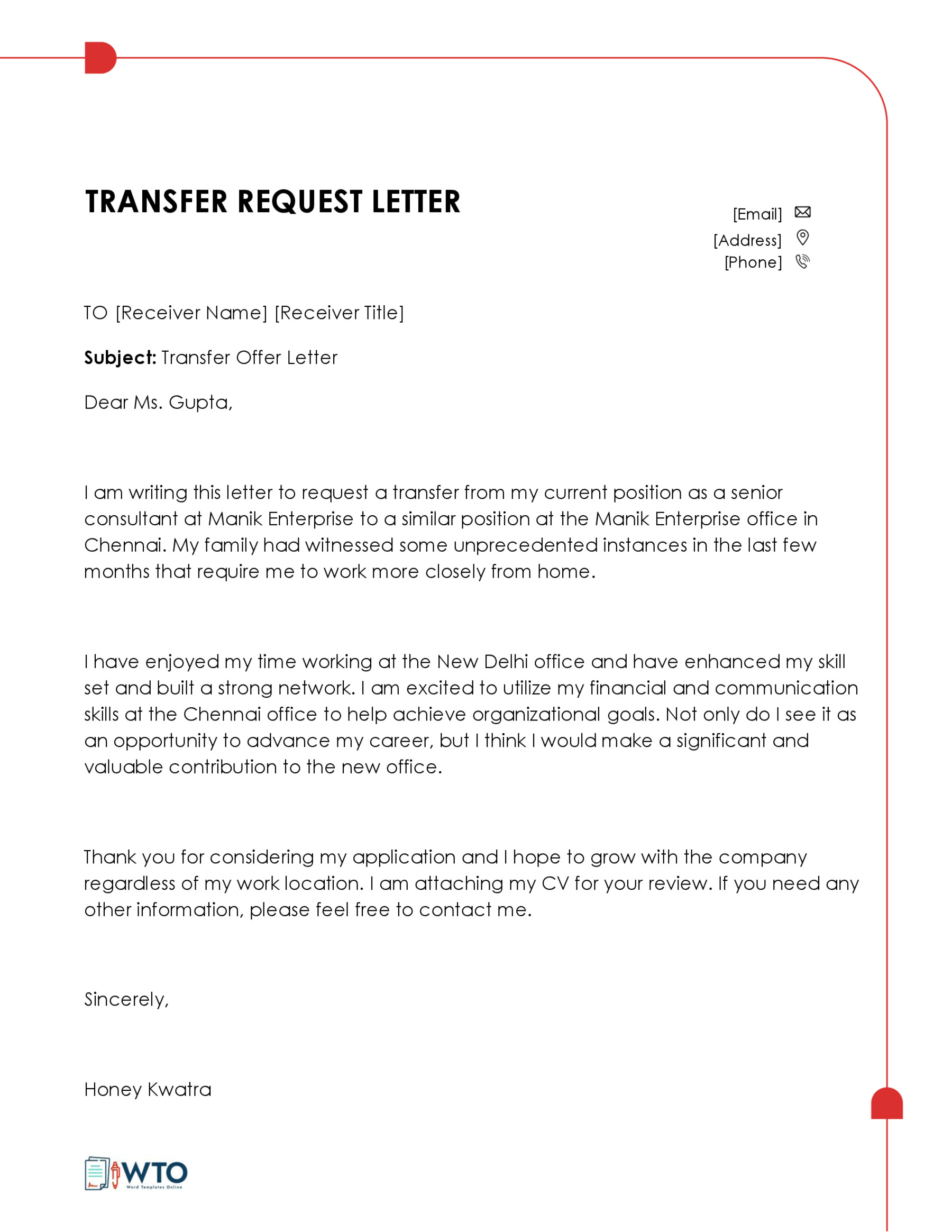 Free Editable Transfer Request Letter Sample 14 in Word Format
