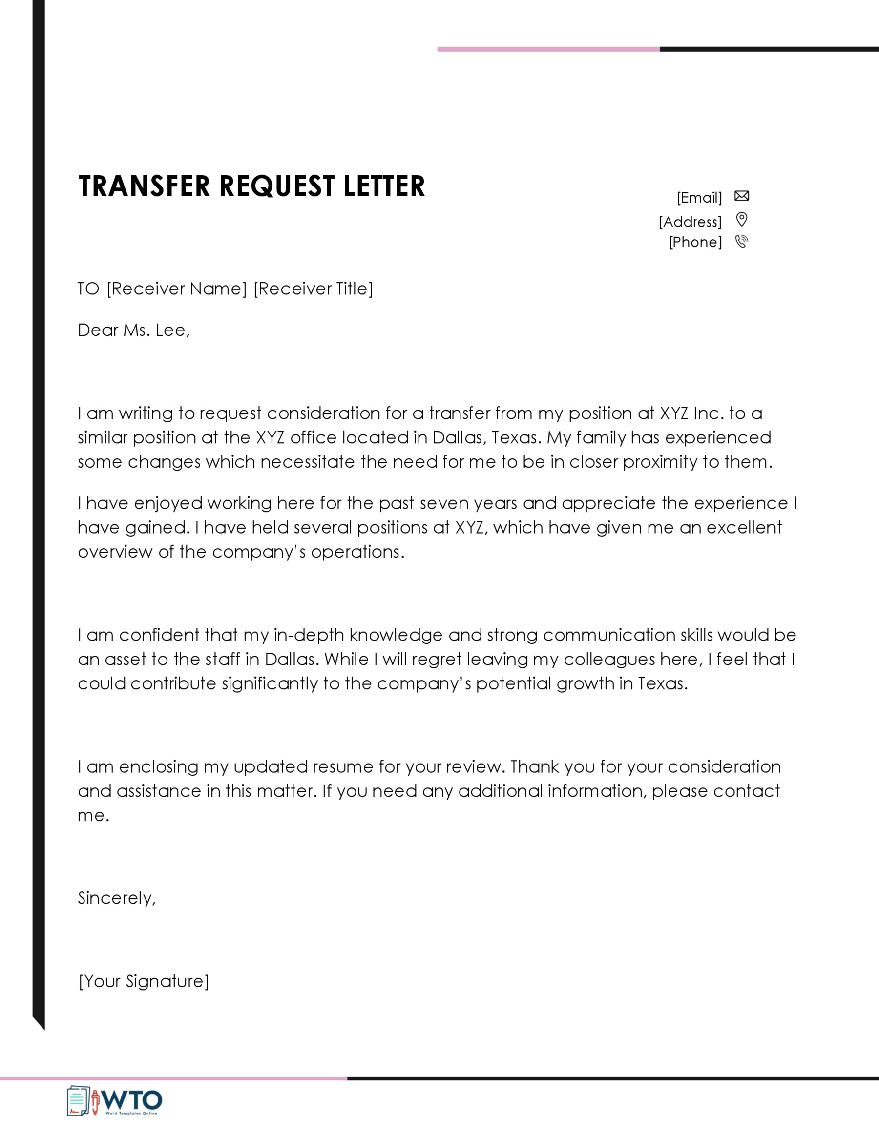 Best Printable Transfer Request Letter Sample 15 in Word Format
