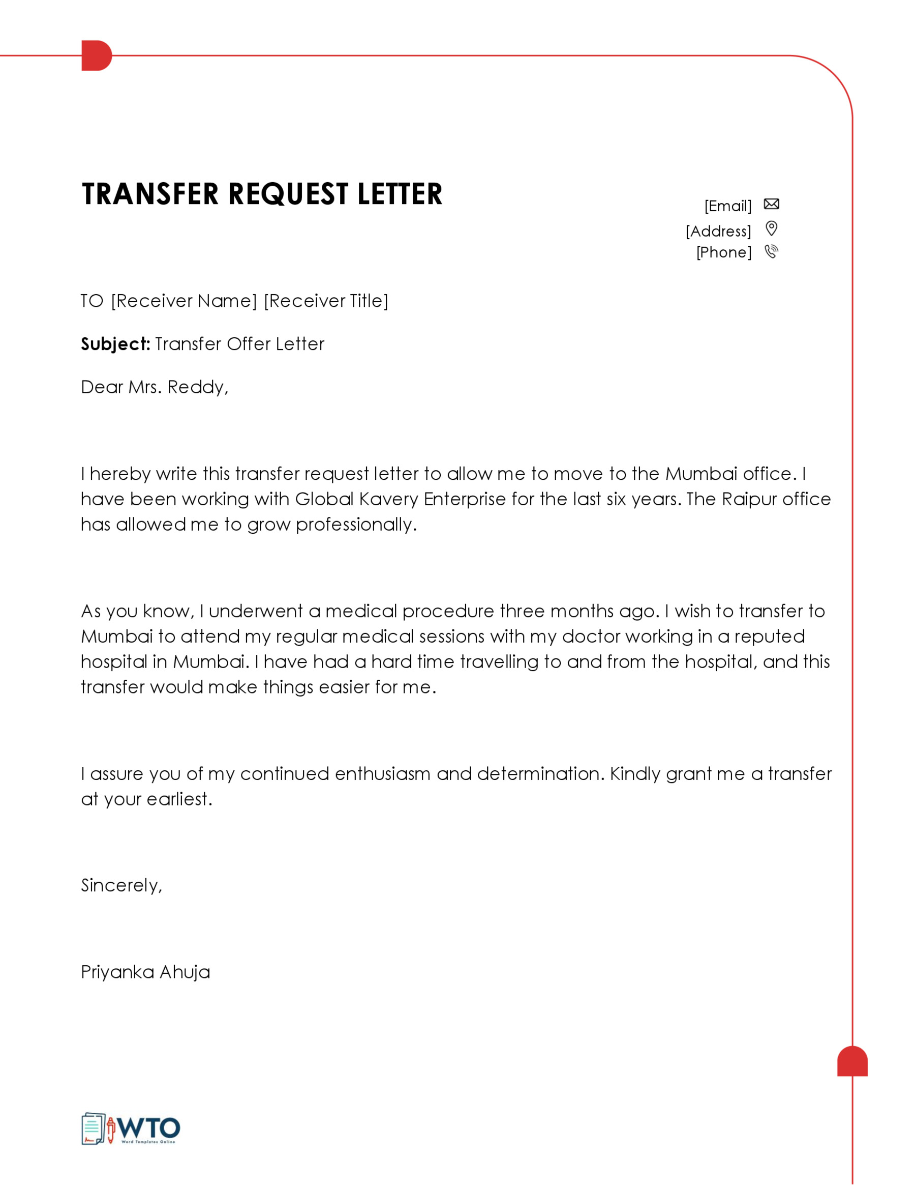 Best Printable Transfer Request Letter Sample 16 in Word Format