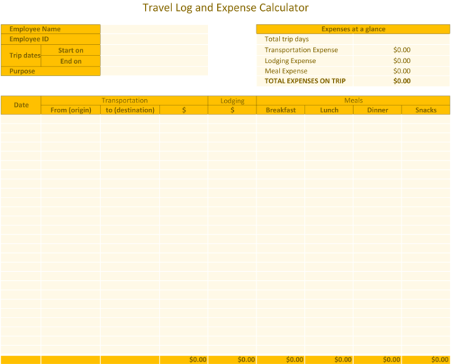 Travel Log and Budget Calculator Template Excel®