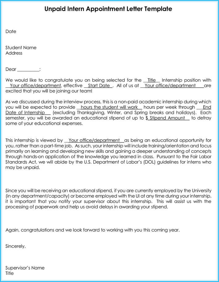 Unpaid Intern Appointment Letter Template