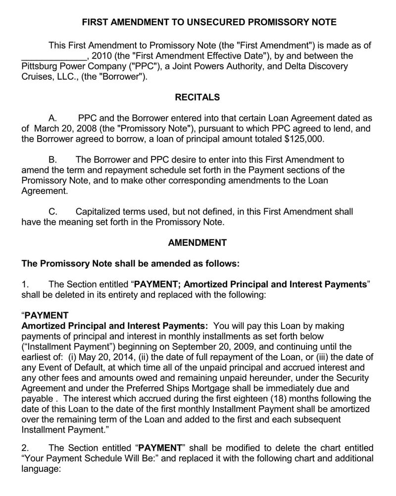 Great Printable First Amendment to Unsecured Promissory Note Template for Pdf Format