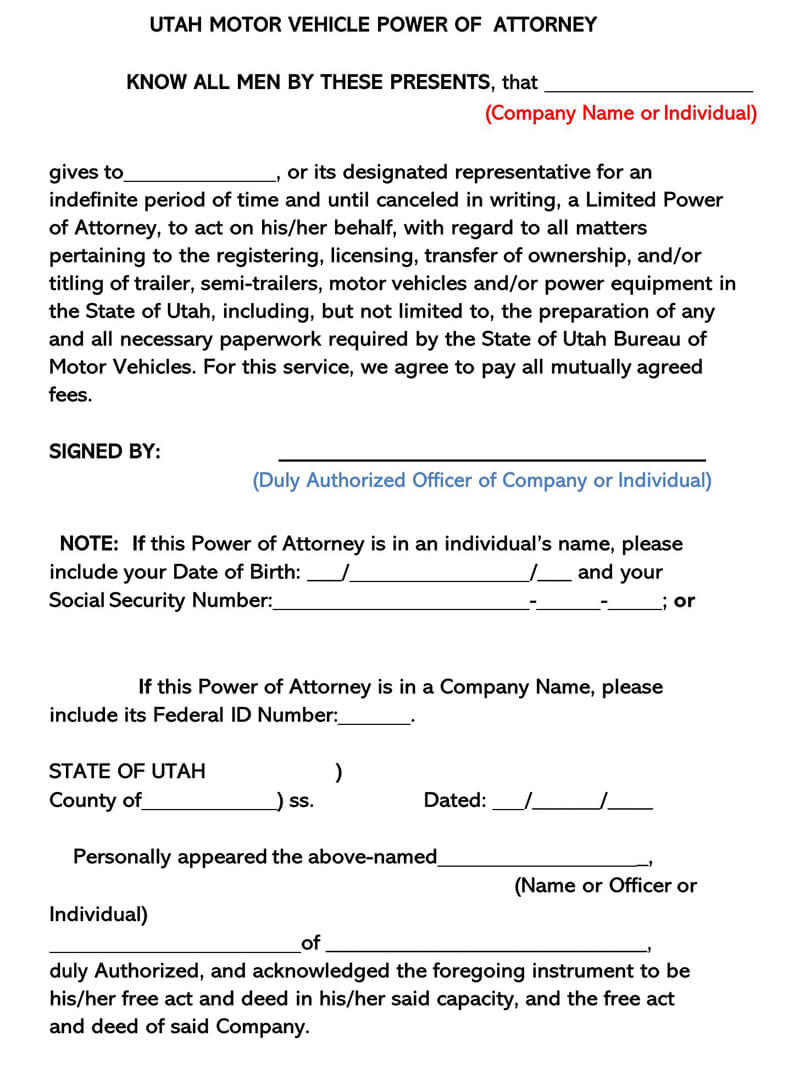 Utah Motor Vehicle POA Form