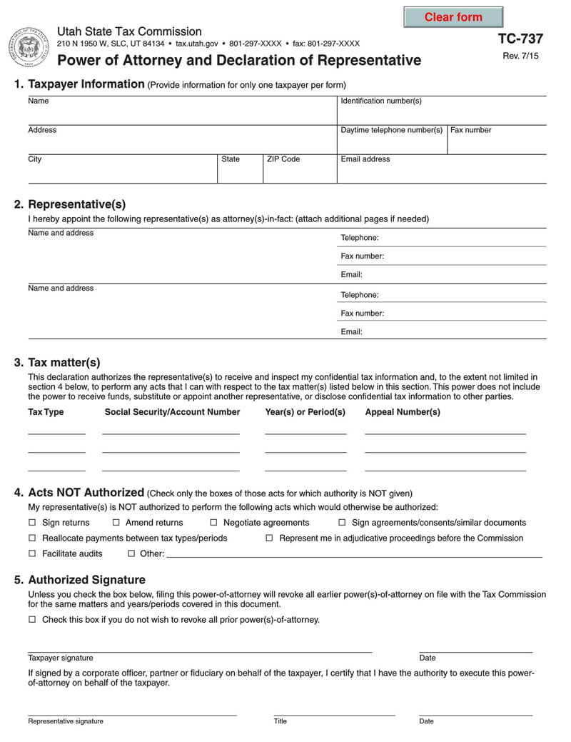Utah State Tax POA (Form tc-737)