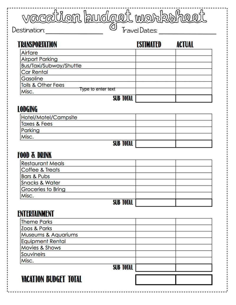 Vacation Budget Template PDF