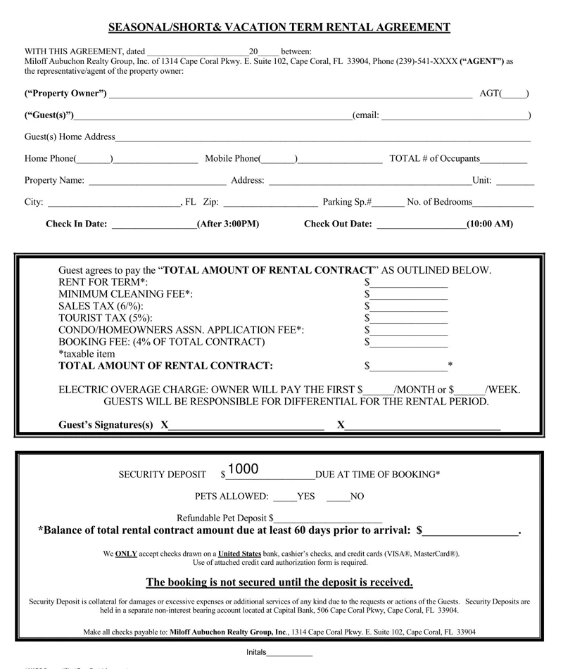 Free Short-Term (Vacation) Rental Agreement Templates