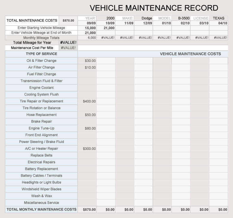 Free Vehicle Maintenance Log Service Sheet Templates Excel Word