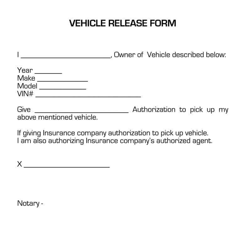 Printable Vehicle Release Form Sample for PDF File