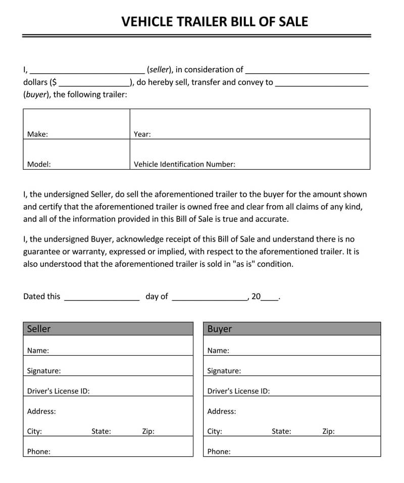 Free Trailer Bill of Sale Forms (How to Use) Word PDF