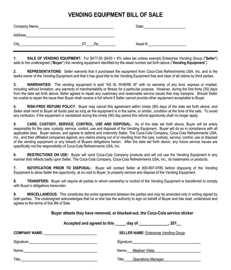 Editable Vending Equipment Bill of Sale Form Template