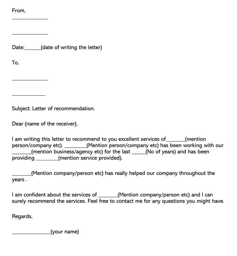 Printable business recommendation letter template