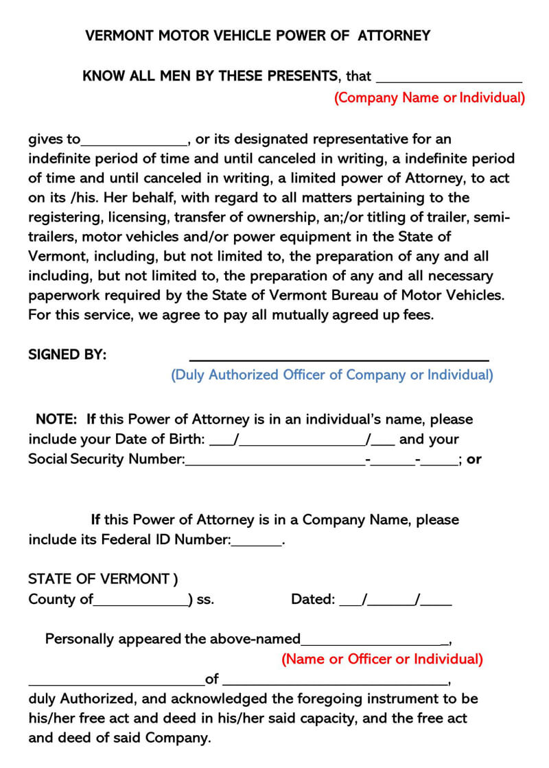 Vermont Motor Vehicle POA Form