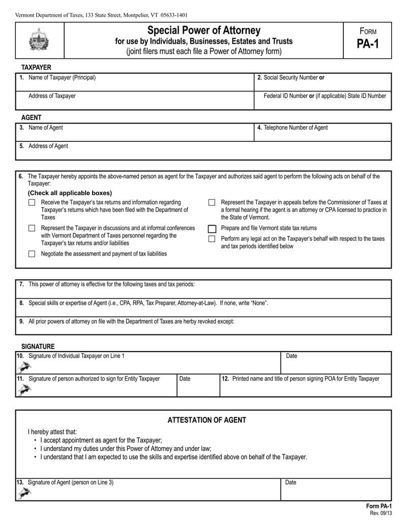 Vermont State Tax POA (Form-pa1)