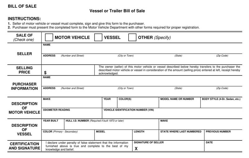 Free Trailer Bill of Sale Form - Editable Template 01