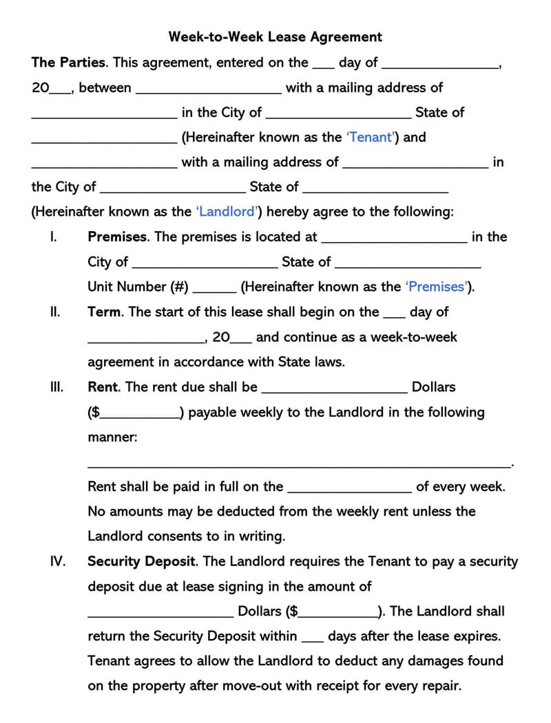 Great Editable Week-to-Week Lease Agreement Form as Word File