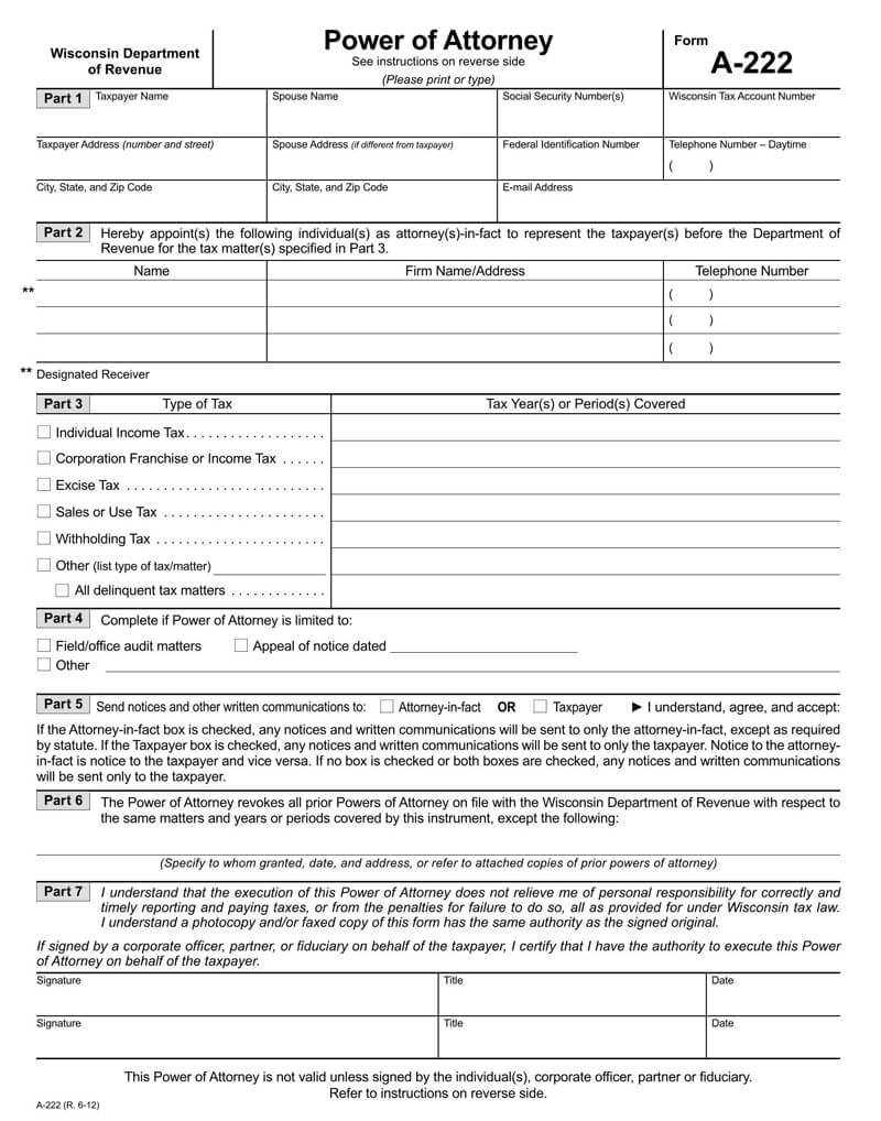 Wisconsin State Tax POA (Form-a222)