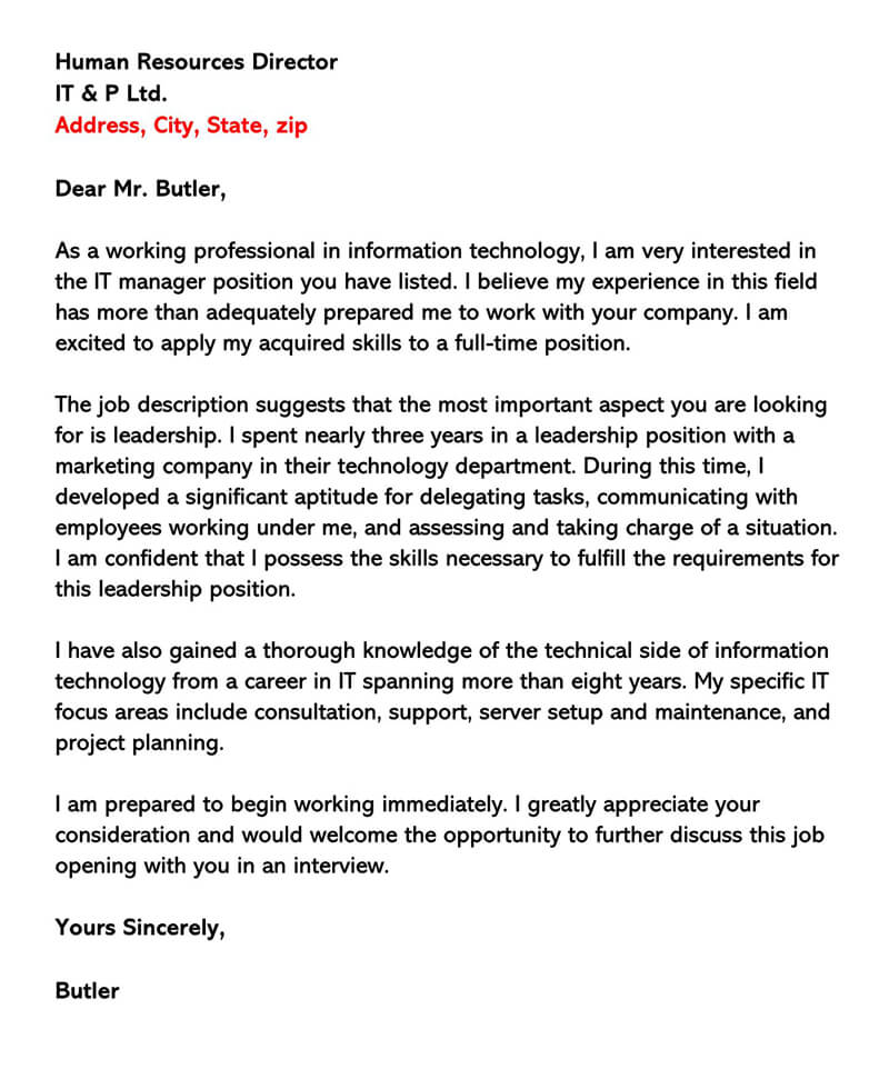 Free Editable IT Leadership Position Cover Letter Sample for Word Document