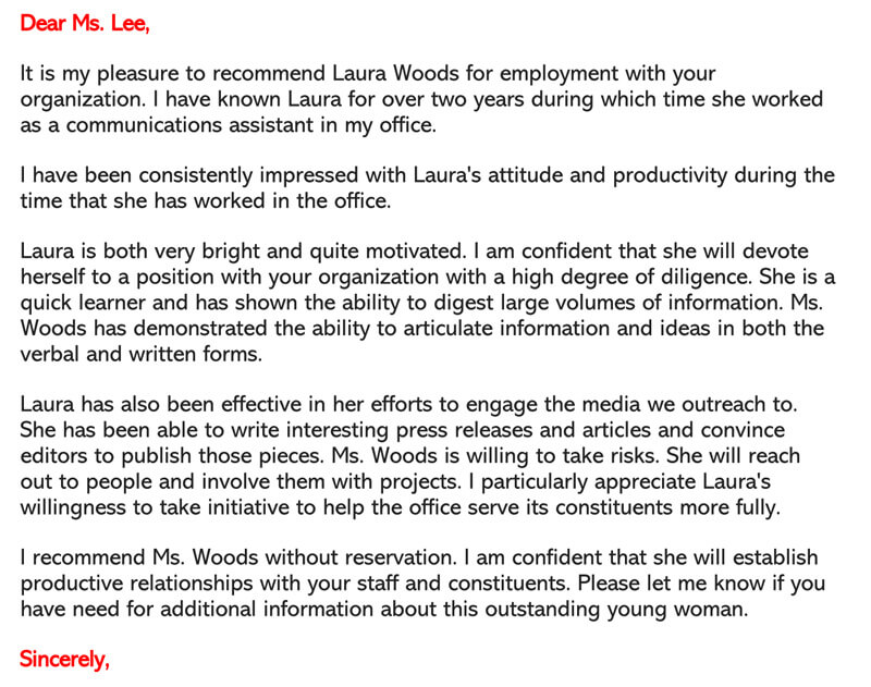 Word Sample Employment Recommendation Letter