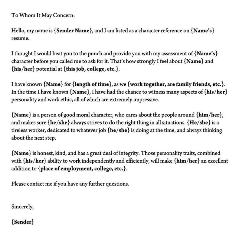 Sample character reference letter in Word
