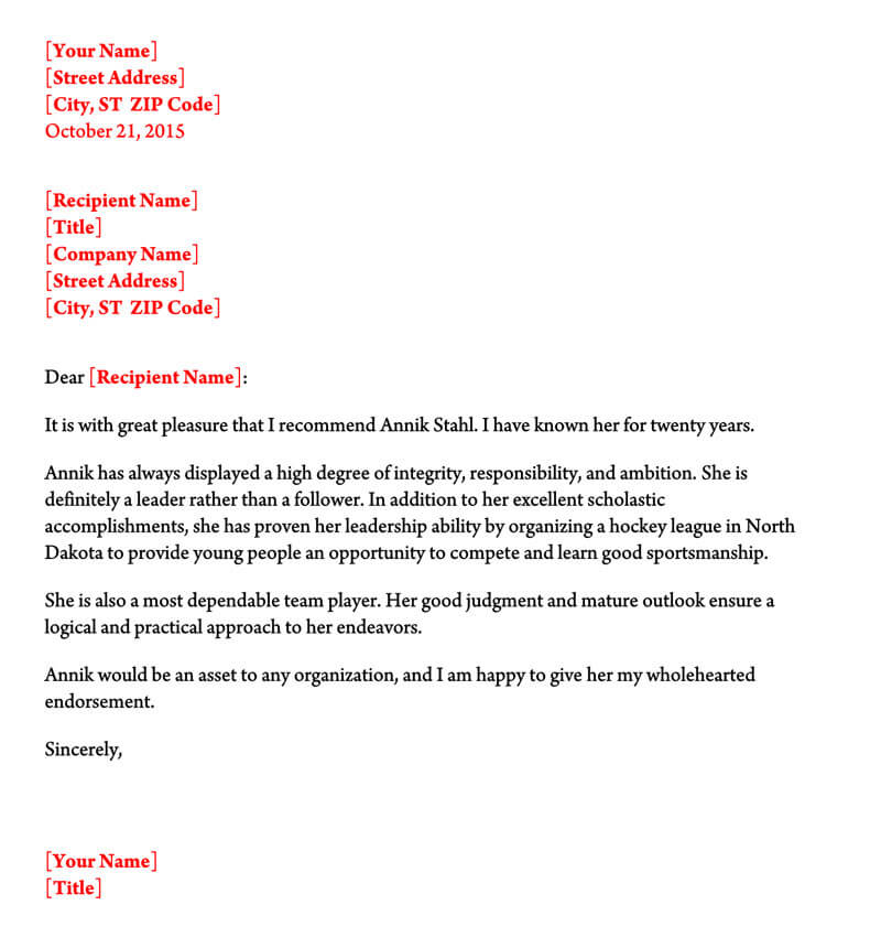 Editable character reference letter example