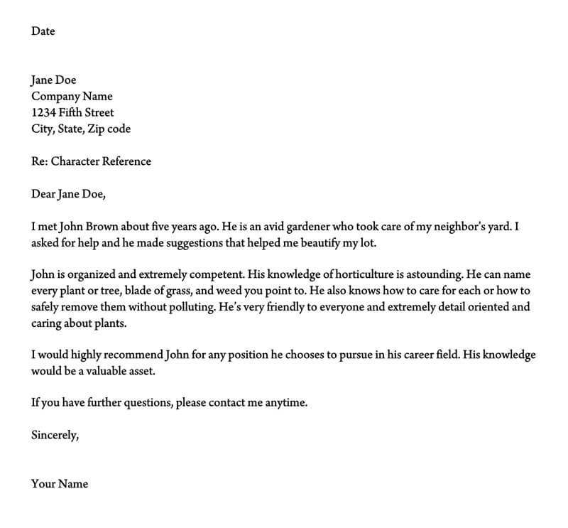 Editable character reference letter example PDF