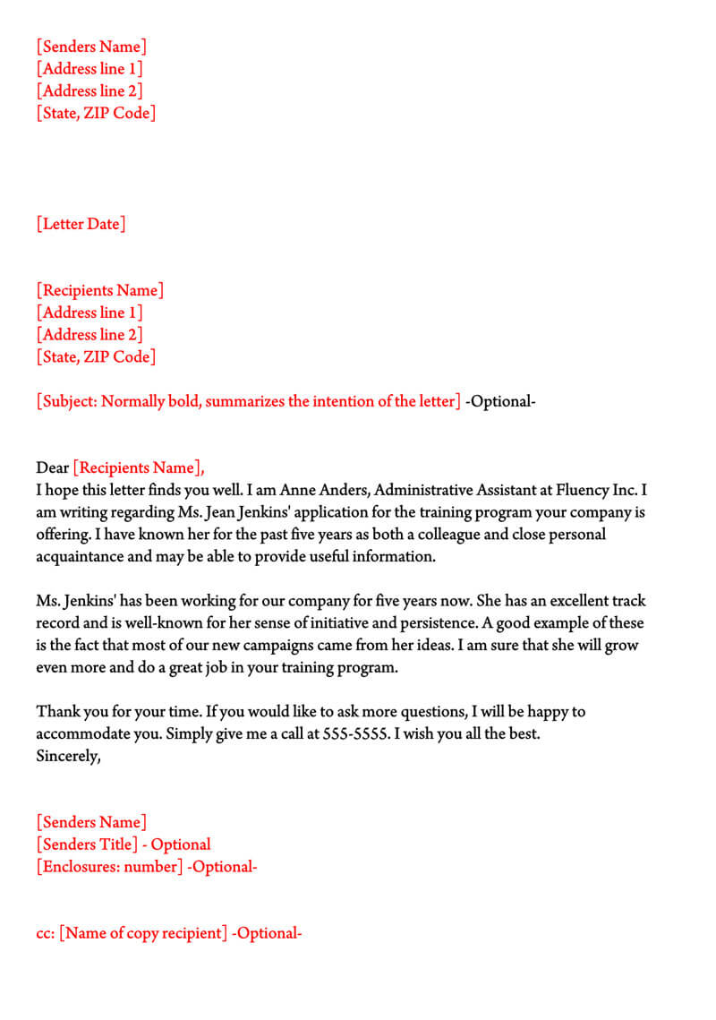 Word document character reference letter template