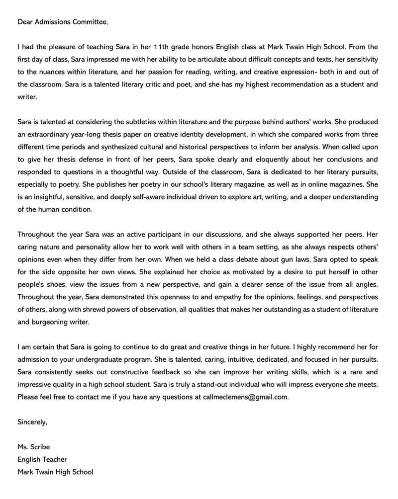 College recommendation letter sample - free editable version 10