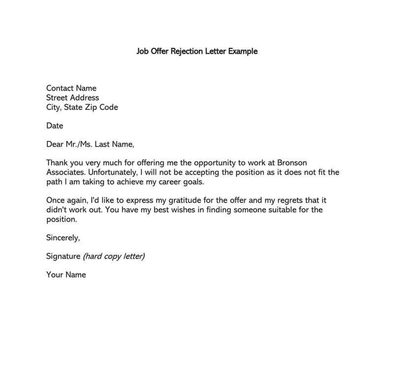 Formal Rejection Letteremail To Decline Job Offer