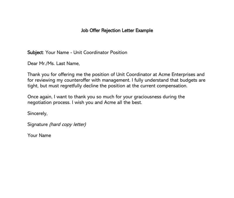 Formal Rejection Letter To Decline Job Offer Email Examples