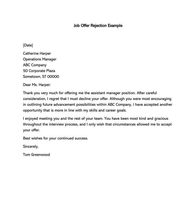 Job Offer Rejection Letter Due To Personal Reasons from www.wordtemplatesonline.net