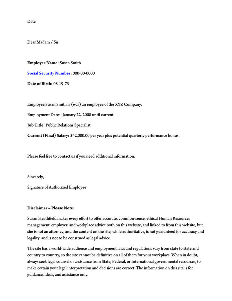 Employment Verification Letter Template Word