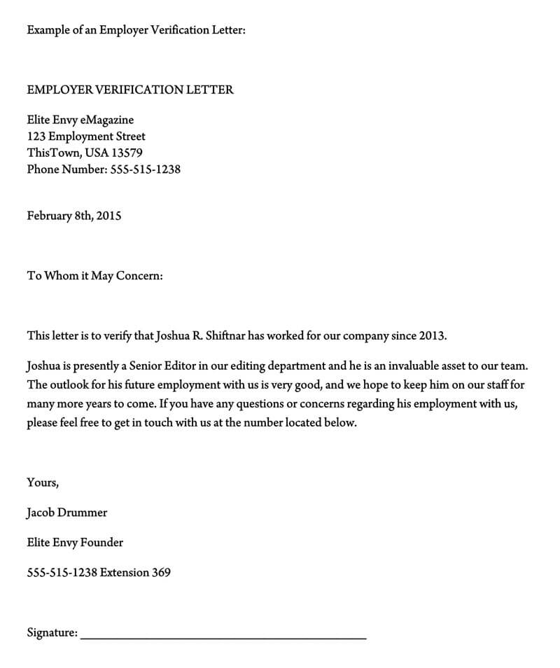 employment verification letter sample