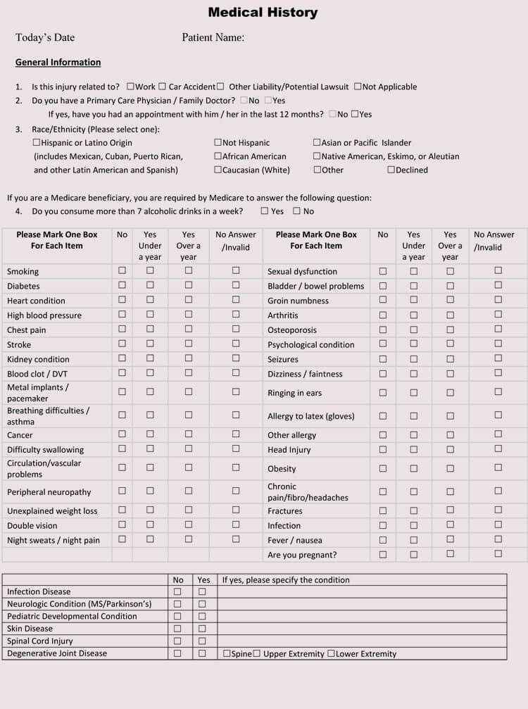Printable Family Medical History Form Template