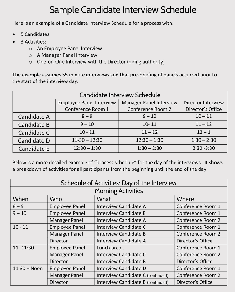 Free Printable Candidate Interview Schedule Agenda Sample for Pdf File