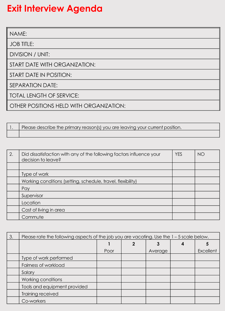 Sample of Exit Interview Survey Sheet