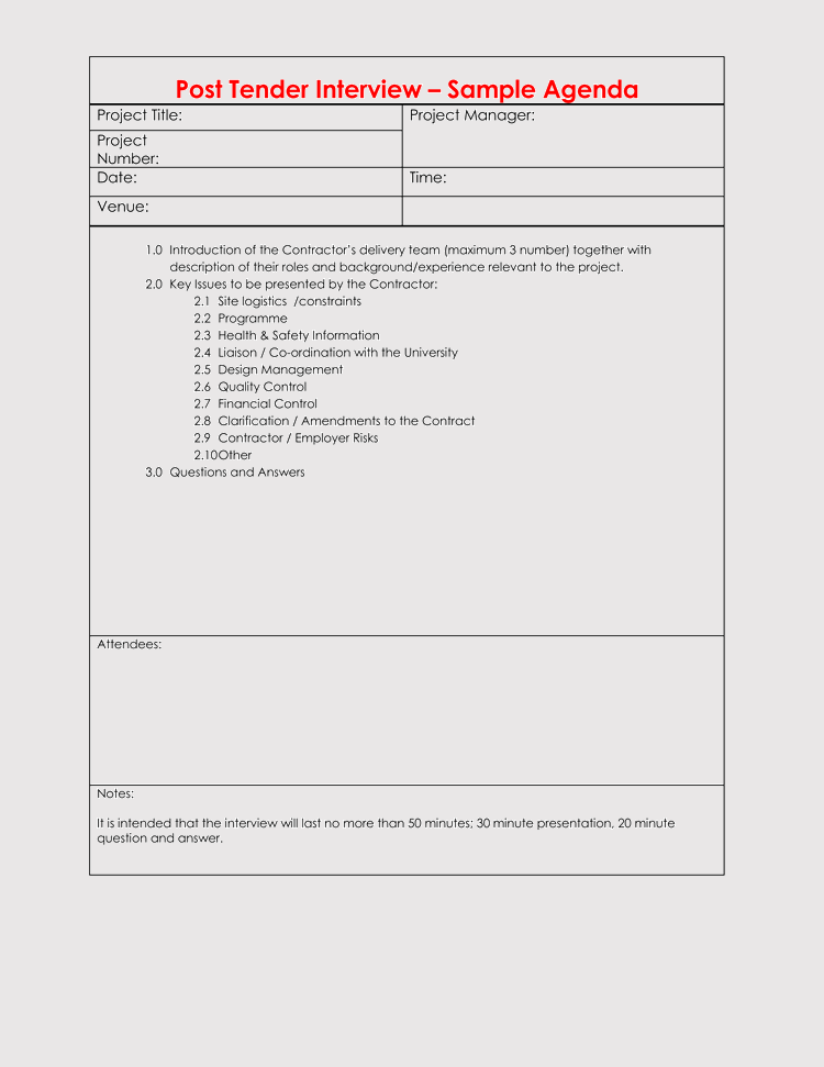 Great Downloadable Post Tender Interview Agenda Sample for Pdf Format