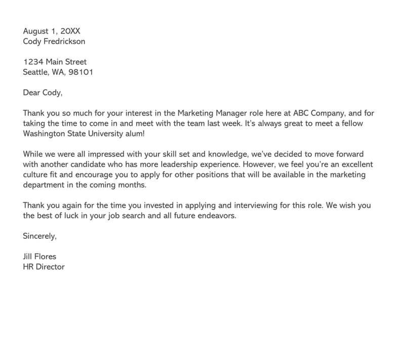 Candidate Rejection Email After An Interview 20 Templates