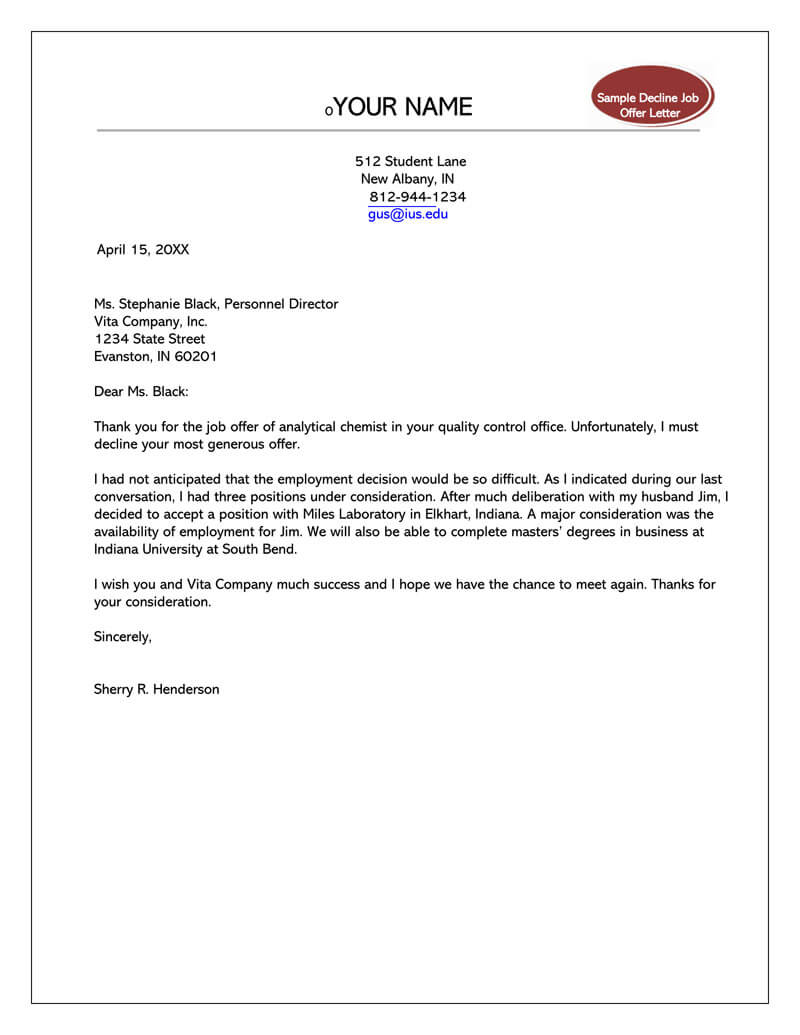 Formal Rejection Letter to Decline Job Offer (Sample Letters & Emails)